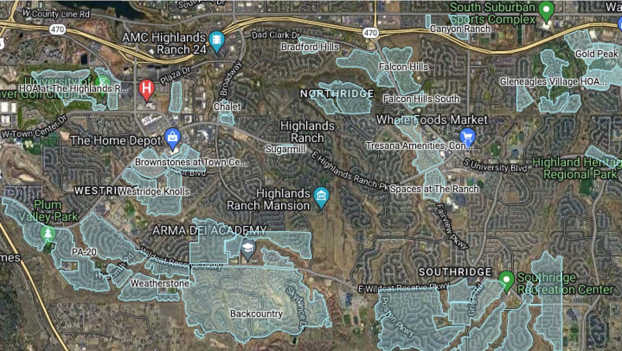 Map showing Highlands Ranch and surrounding area